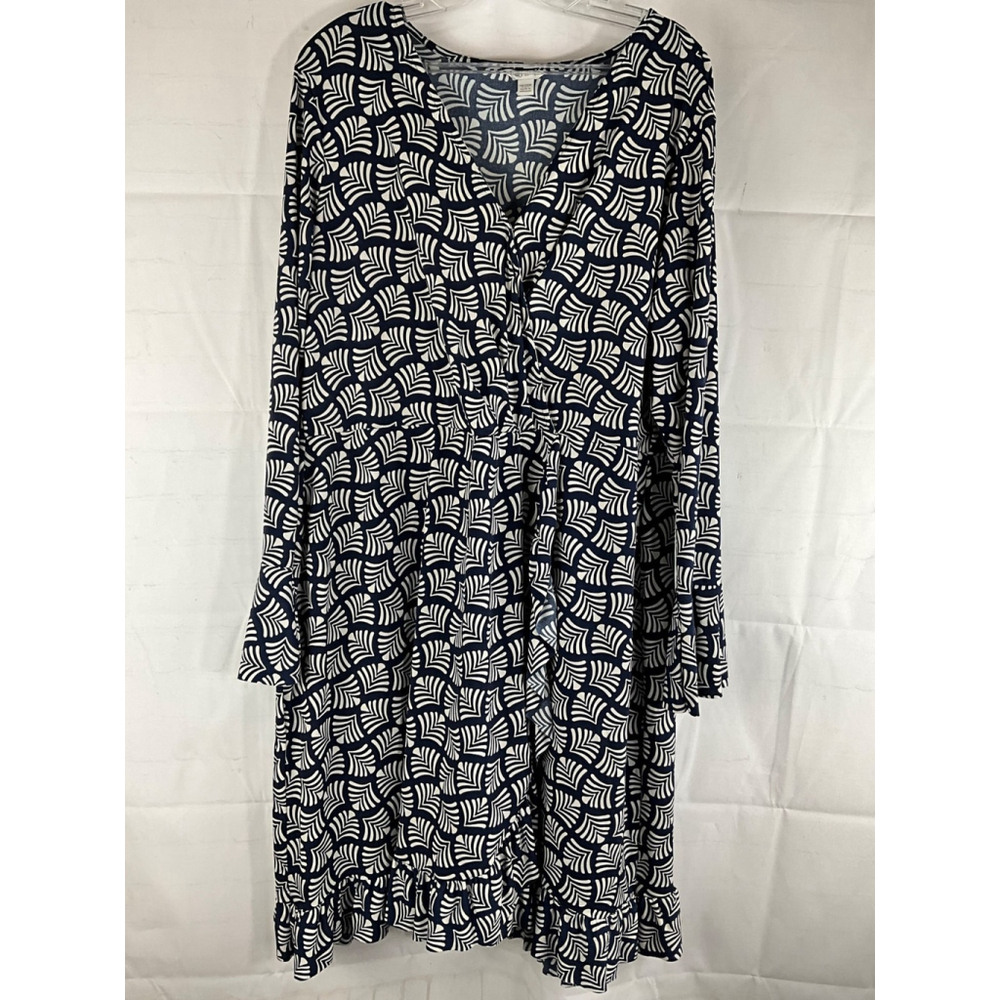 Cato V-Neck Print Long Sleeve Maxi Dress Size 18/20W Navy Cream Flowy New